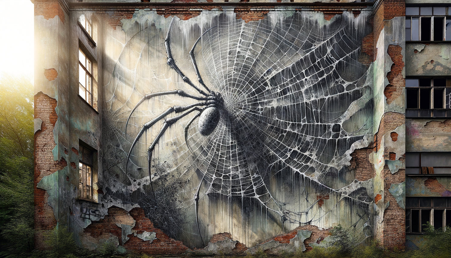 Toile d'araignée peinte sur mur de briques délabré, fresque murale urbaine symbolisant l'abandon et la reconquête naturelle