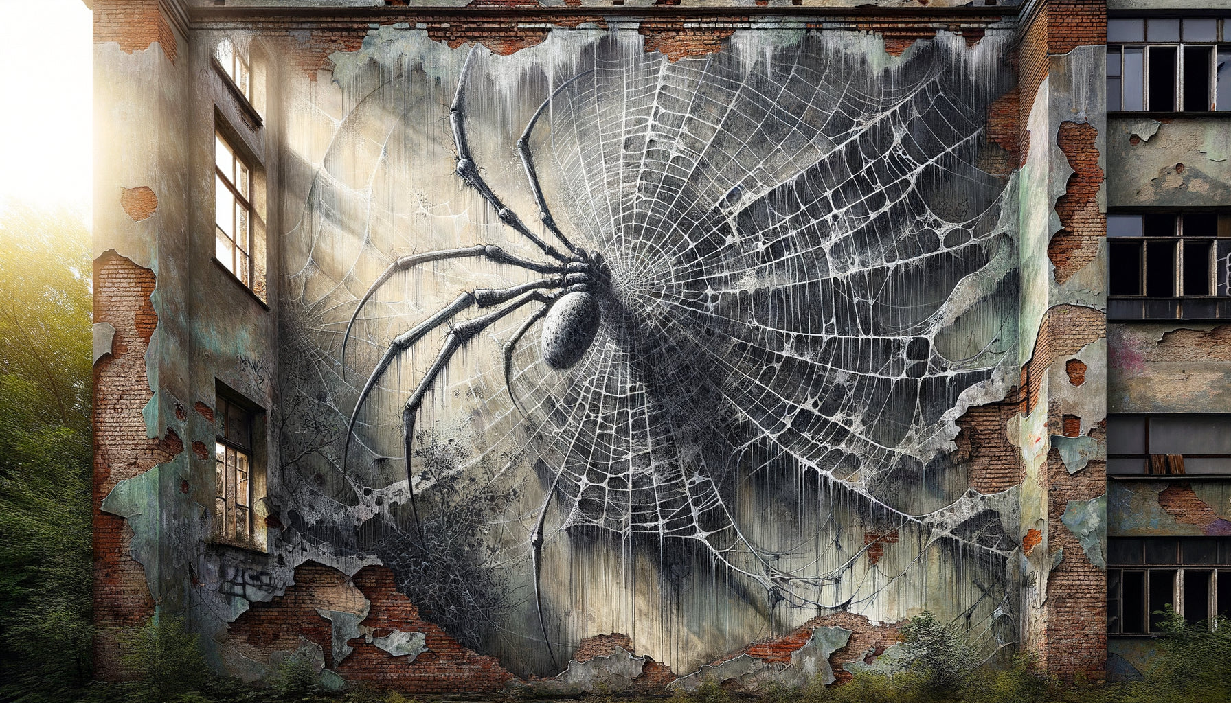 Toile d'araignée peinte sur mur de briques délabré, fresque murale urbaine symbolisant l'abandon et la reconquête naturelle