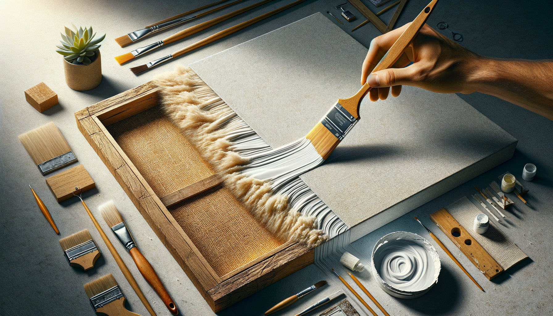 Gros plan comparatif montrant toile brute et toile apprêtée au gesso, préparation artisanale traditionnelle pour conservation artistique