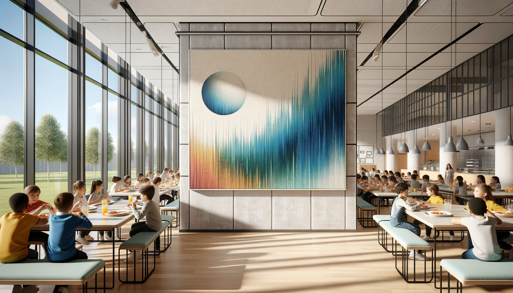 Tableau sur toile renforcée acoustique installé dans une cantine scolaire moderne avec enfants en arrière-plan