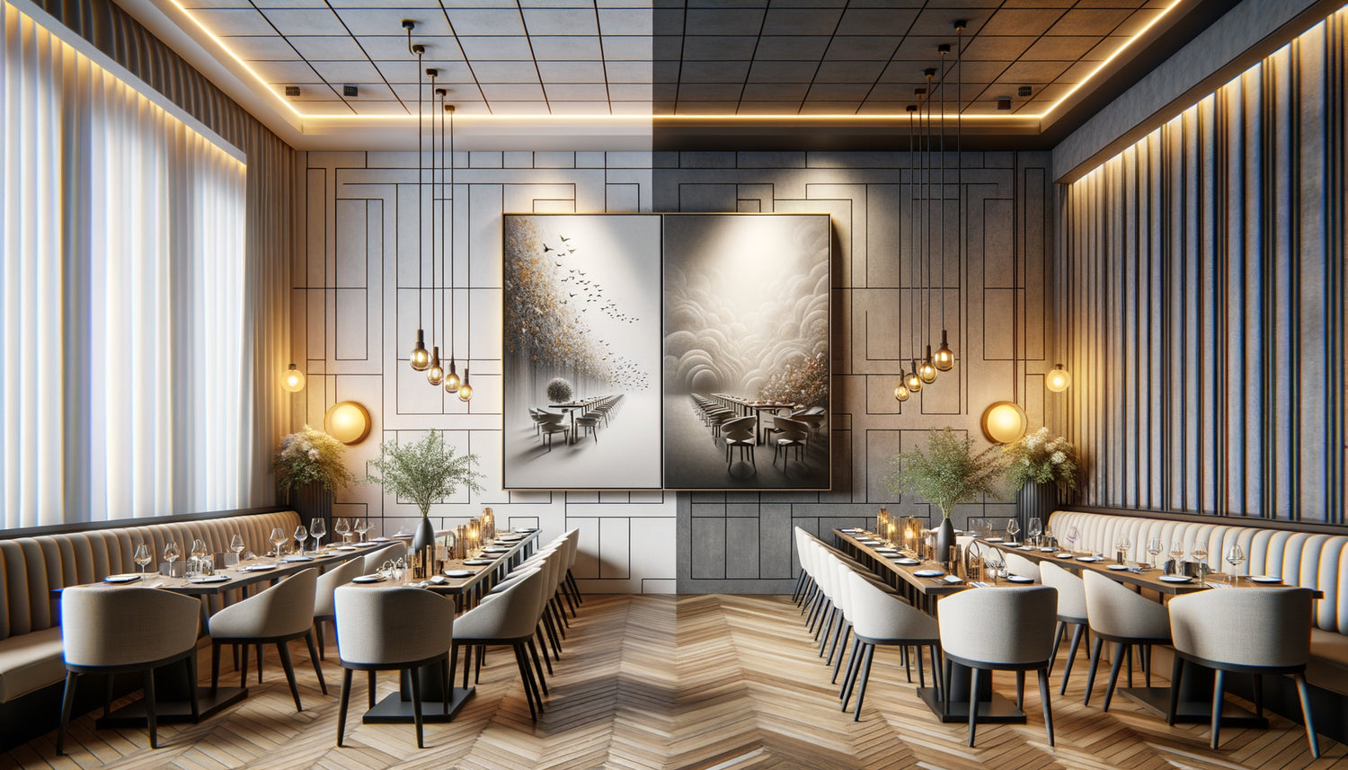 Comparaison visuelle entre toile tendue murale épurée et tableau sur châssis avec relief dans un restaurant moderne contemporain