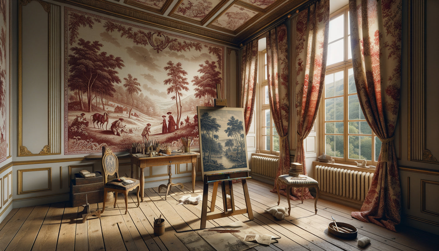 Atelier parisien du XVIIIe siècle décoré de toiles de Jouy aux motifs champêtres rouges sur fond écru