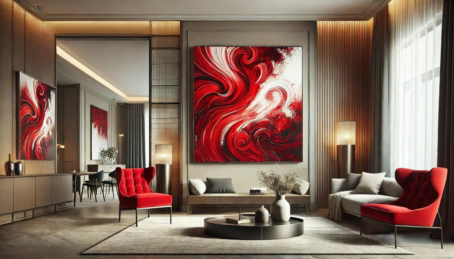 Tableau abstrait rouge moderne accroché dans un salon design, sublimant la décoration murale avec ses tonalités flamboyantes en art et ses contrastes élégants.