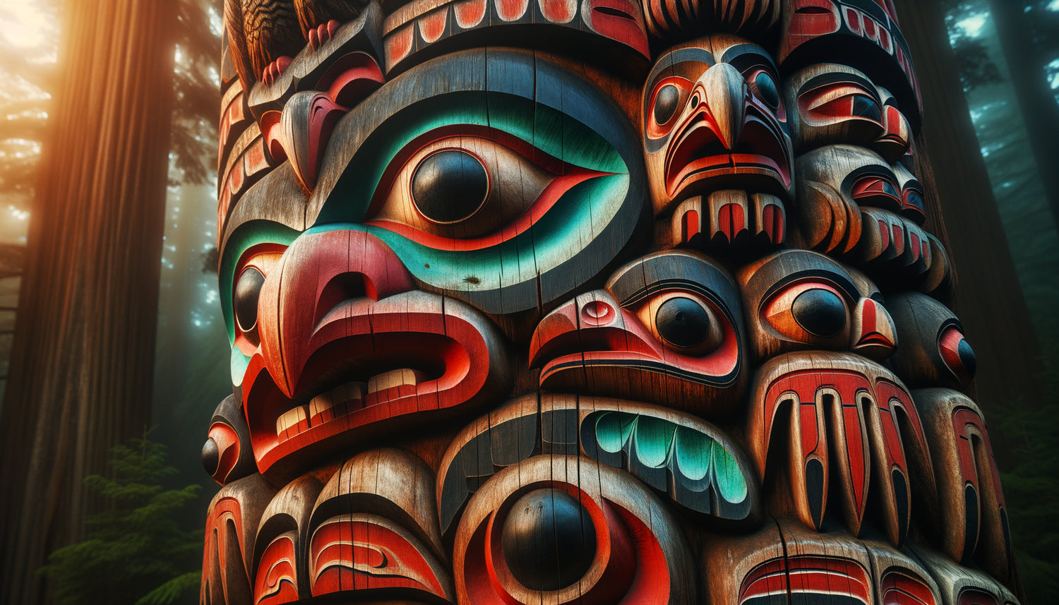 Totem amérindien du Nord-Ouest avec ours, corbeau et aigle sculptés, pigments rituels rouge vermillon, noir et turquoise, style formline traditionnel