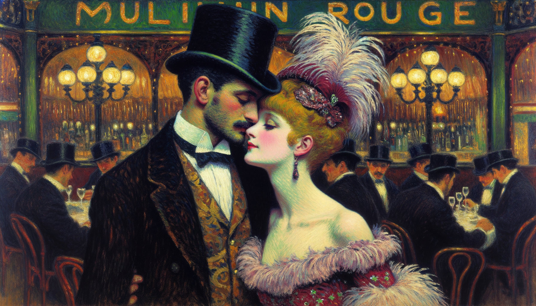 Peinture style Toulouse-Lautrec représentant une étreinte intime dans un cabaret parisien de la Belle Époque