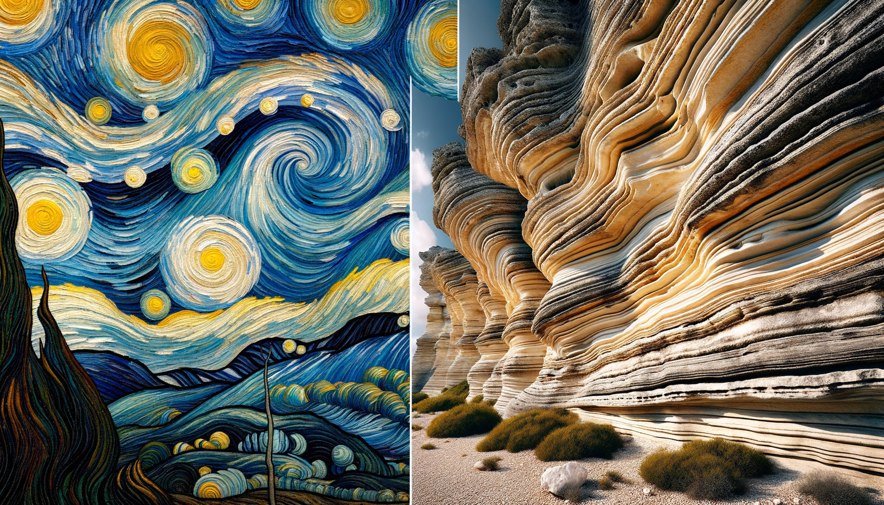 Comparaison visuelle entre les tourbillons de La Nuit étoilée de Van Gogh et formations géologiques provençales en spirale
