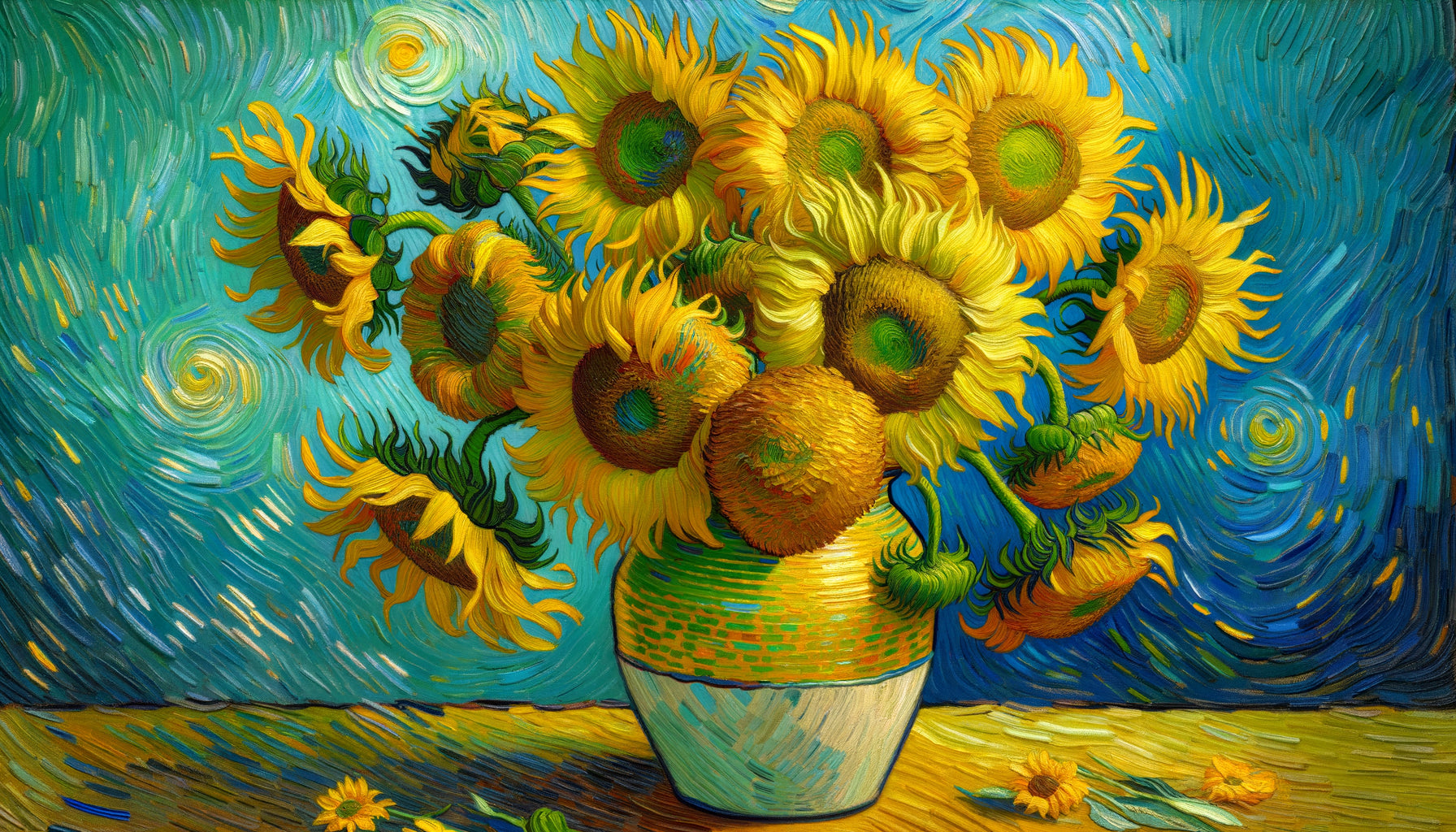 Gros plan des Tournesols de Van Gogh montrant la texture empâtée et les jaunes lumineux caractéristiques du post-impressionnisme