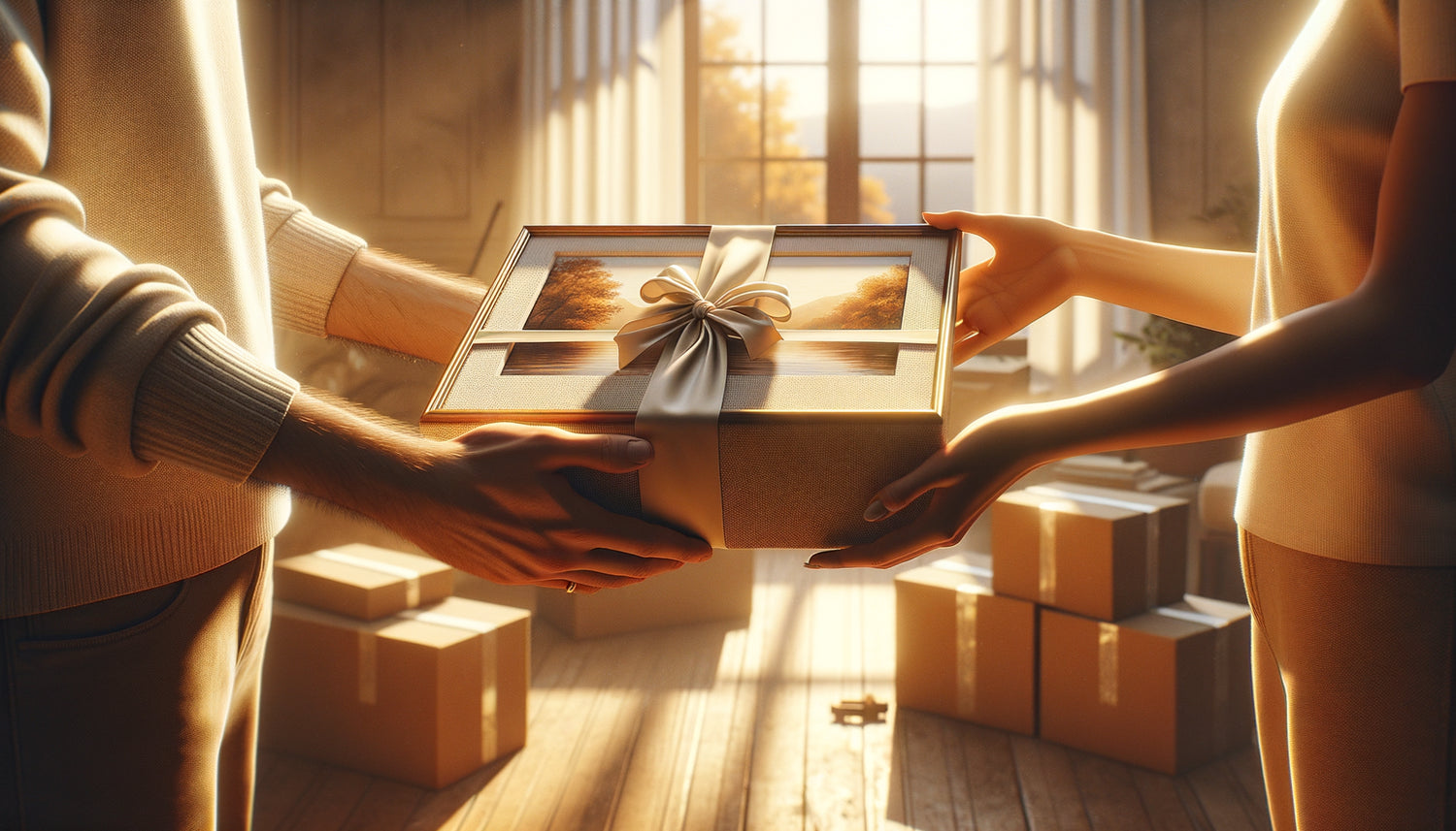 Remise d'un tableau encadré lors d'une pendaison de crémaillère, geste symbolique de protection et permanence