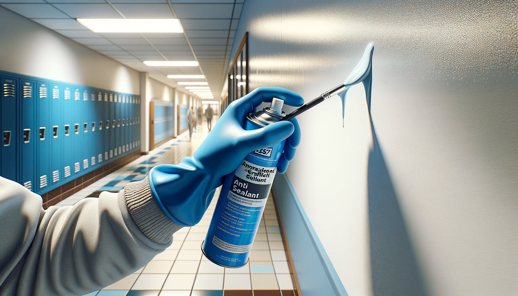 Application de traitement anti-graffiti protecteur transparent sur mur de couloir de collège moderne