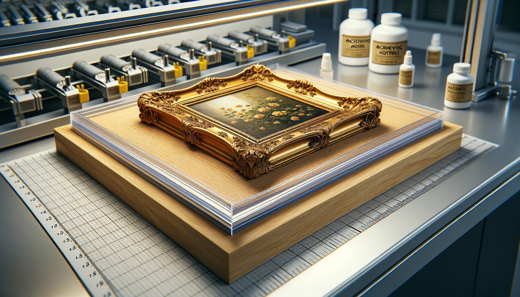 Étagère avec barrière acrylique de conservation protégeant un cadre doré ancien, photographie technique de préservation patrimoniale