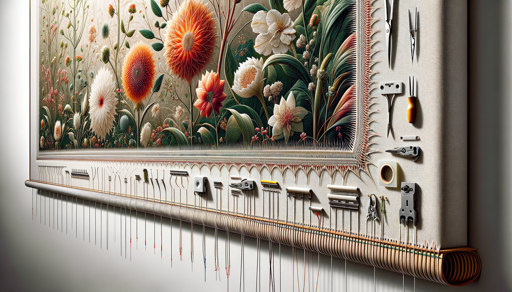 Gros plan détaillé sur différentes techniques de finition des bords d'une impression textile murale : surpiqûre, thermocollage et ourlet