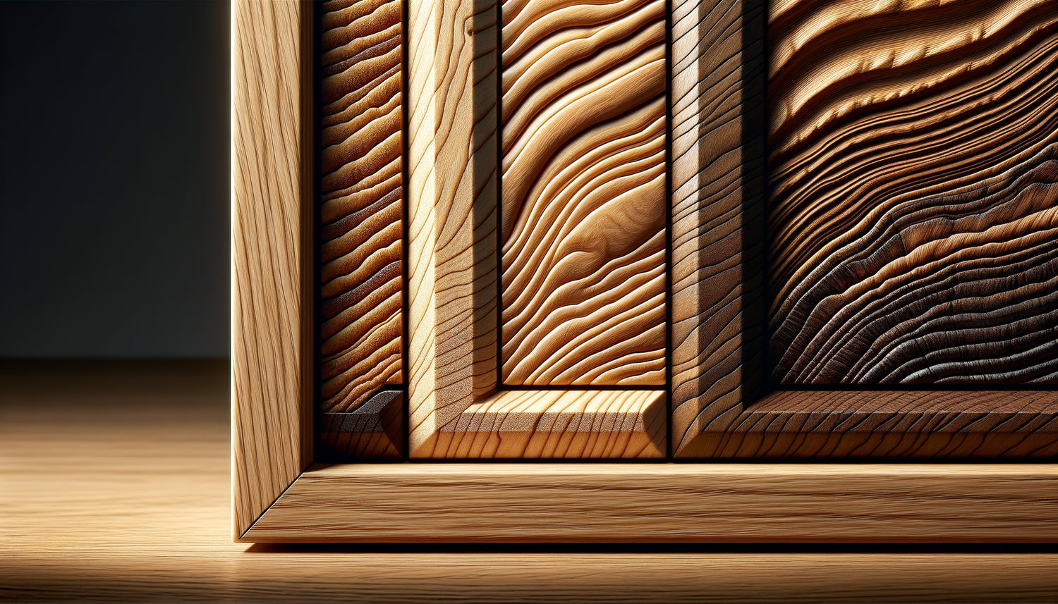 Gros plan sur étagère en bois montrant différents traitements de surface protecteurs contre les marques de glissement de cadres