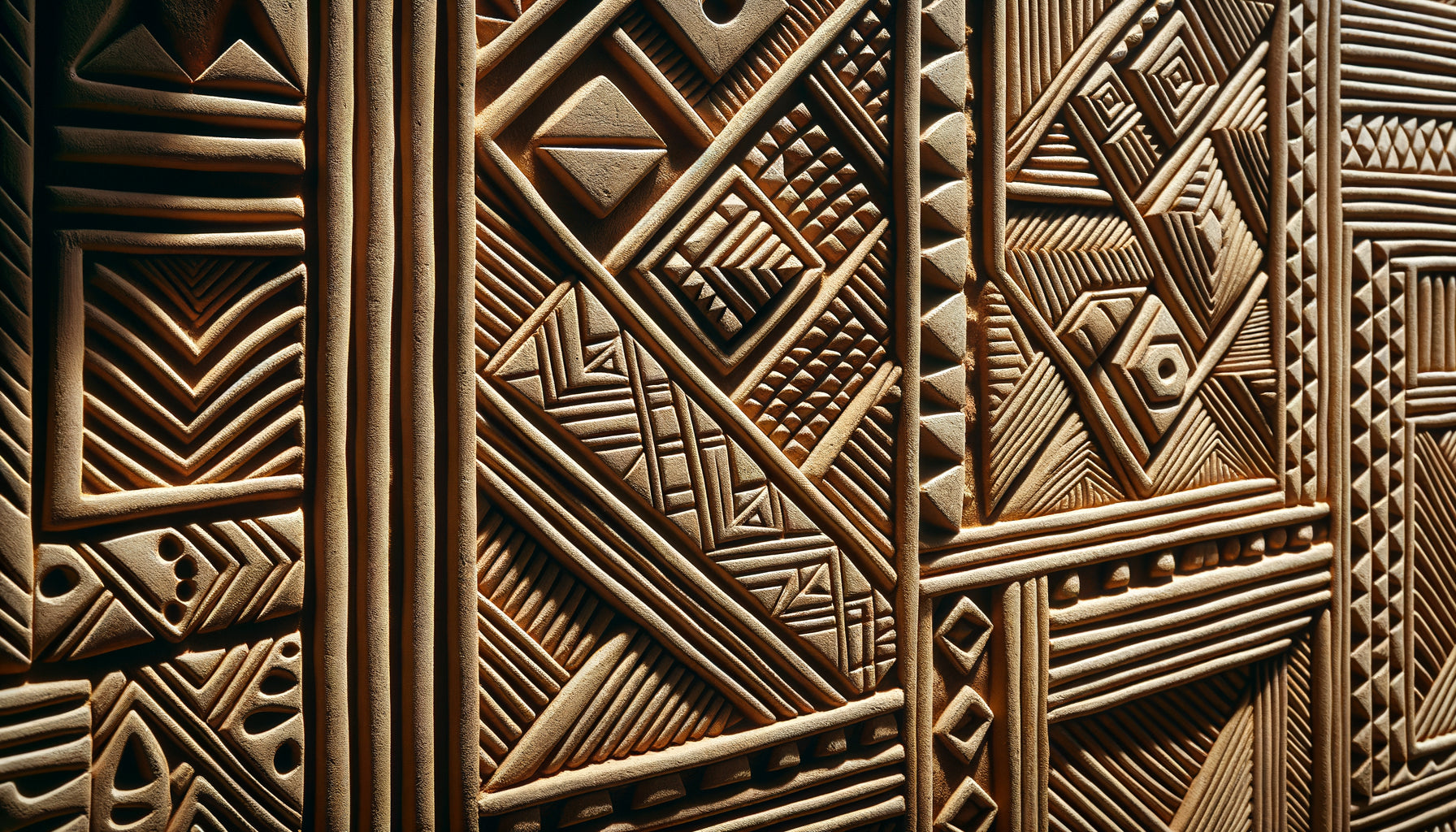 Décoration murale traditionnelle kassena du Ghana avec motifs géométriques incisés en tramage dans l'argile