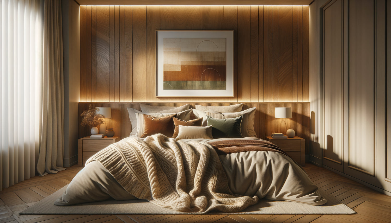 Chambre moderne transformée avec éclairage indirect chaleureux, textiles douillets et art mural minimaliste, atmosphère cocooning accessible