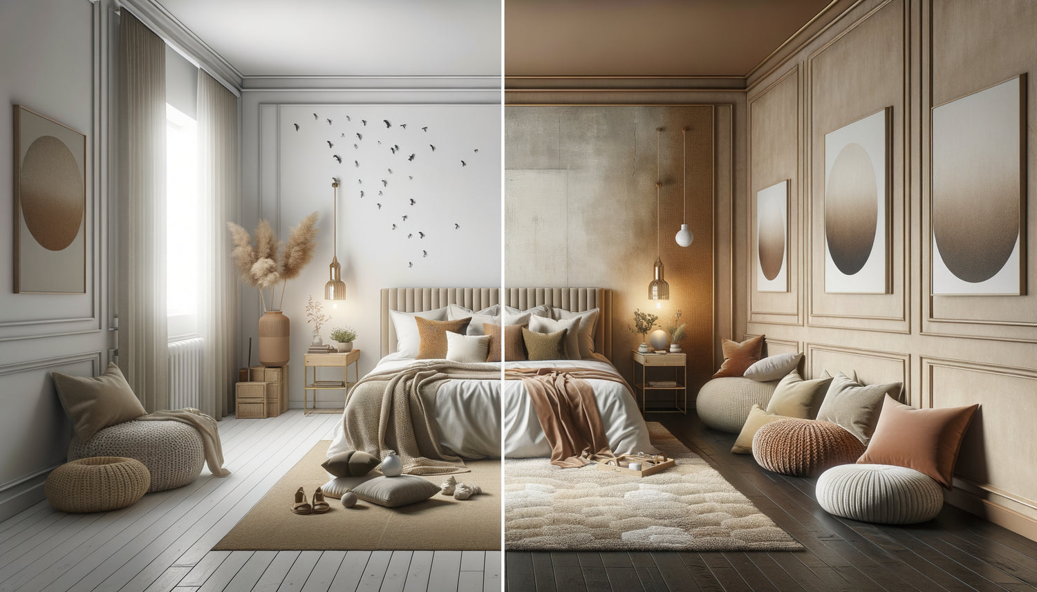 Transformation avant-après d'une chambre fade en cocon chaleureux avec textiles et éclairage douillet