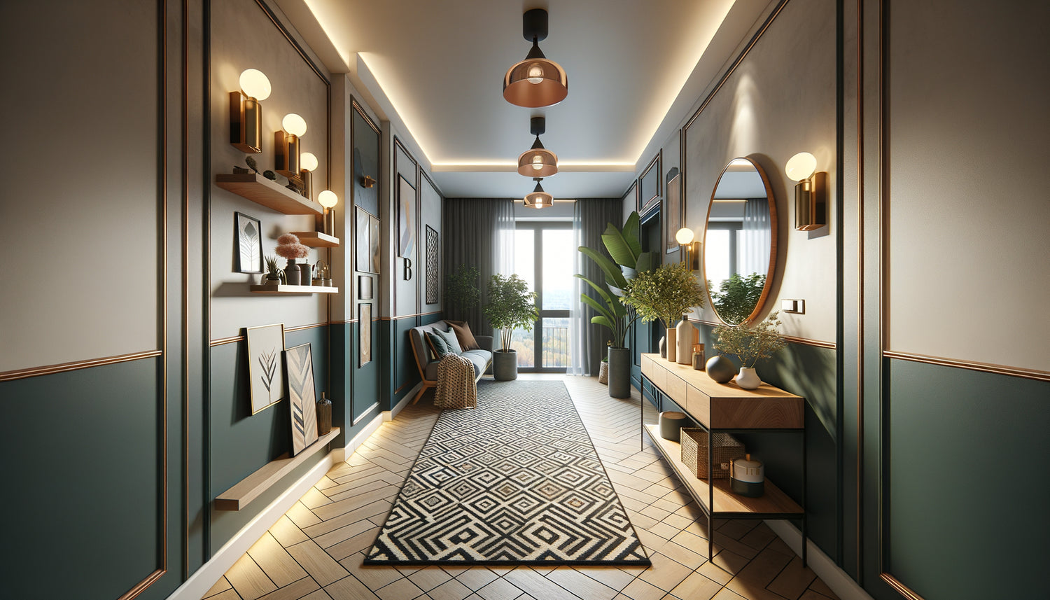Couloir d'appartement moderne transformé en espace déco avec peinture murale, éclairage design et accessoires tendance