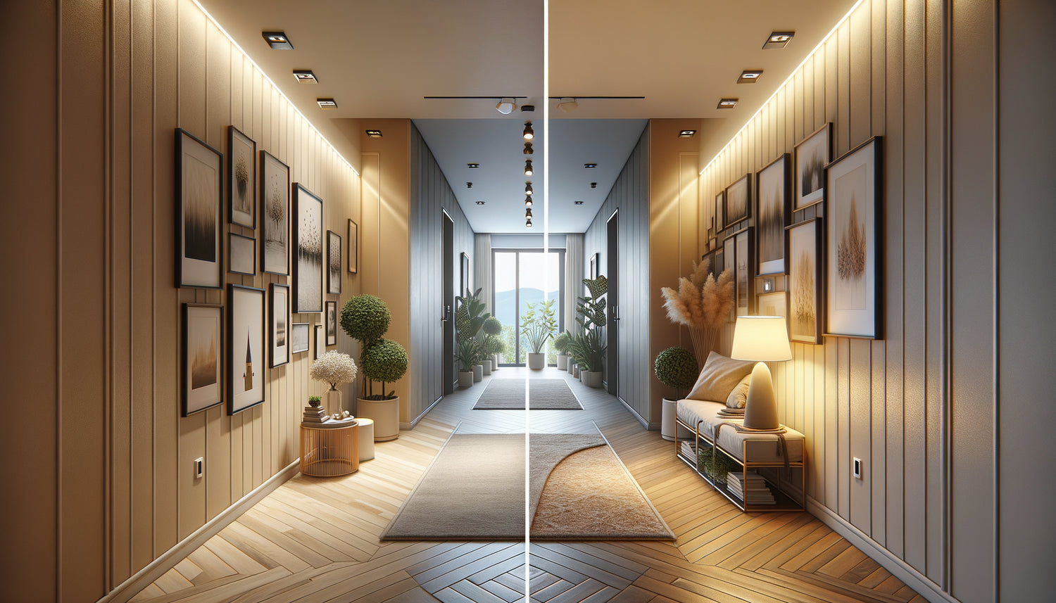 Comparaison avant-après d'un couloir domestique transformé avec galerie murale, éclairage moderne et éléments décoratifs stratégiques
