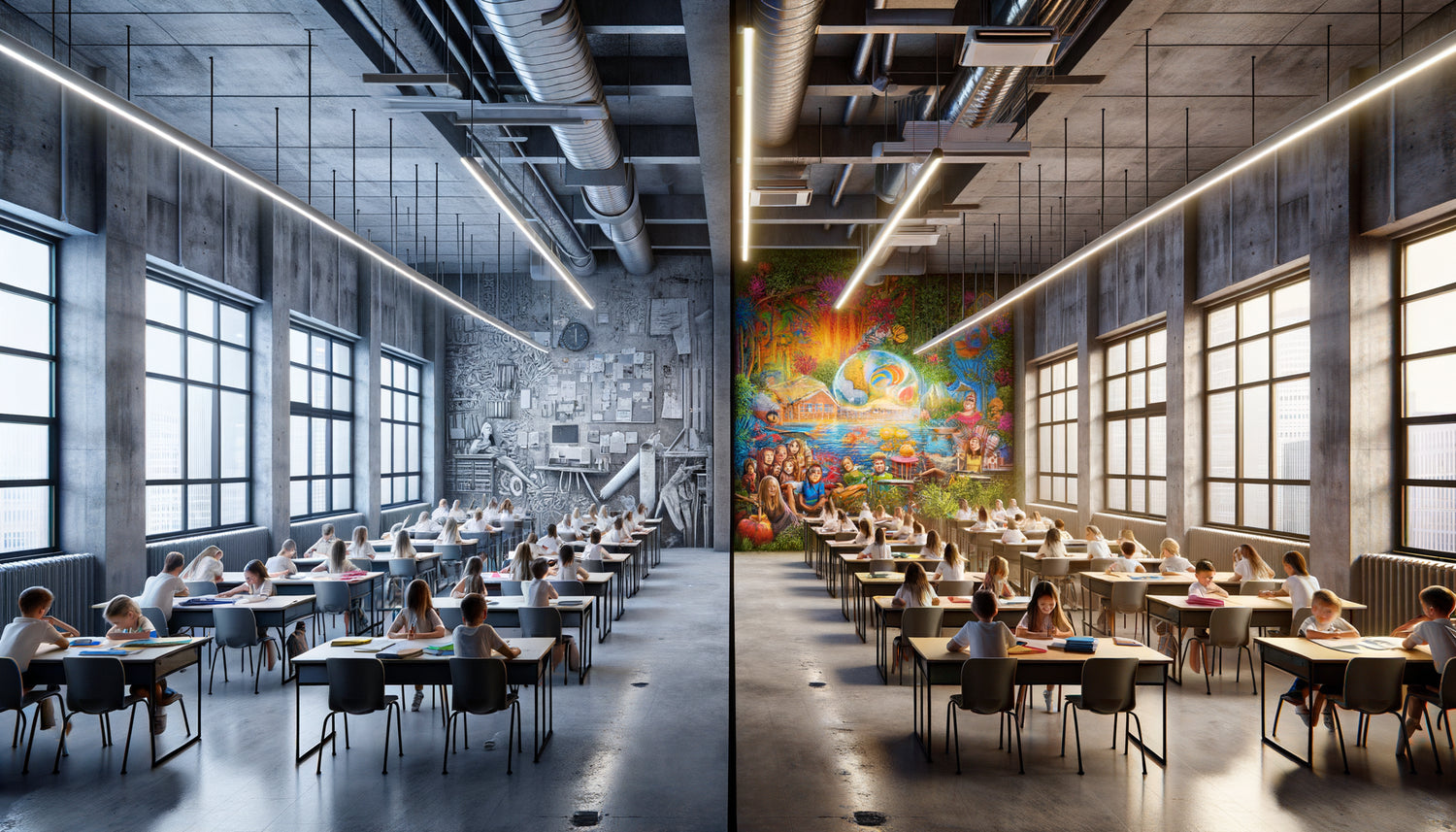 Comparaison avant-après d'une classe standardisée transformée par des tableaux inspirants et colorés