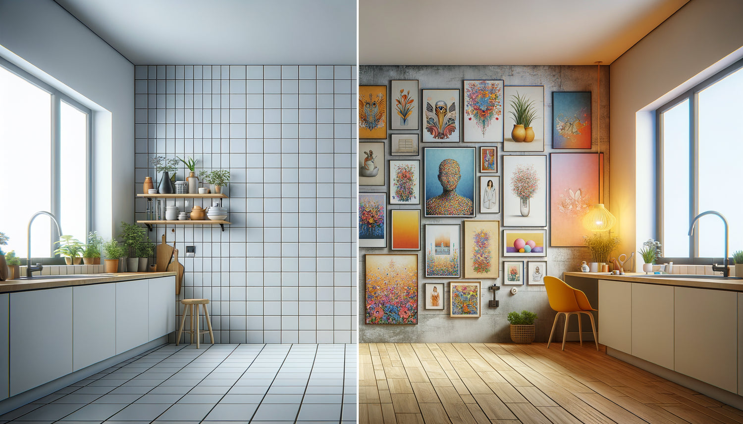 Transformation d'un mur carrelé blanc ordinaire en espace décoré avec art mural contemporain coloré et accessoire