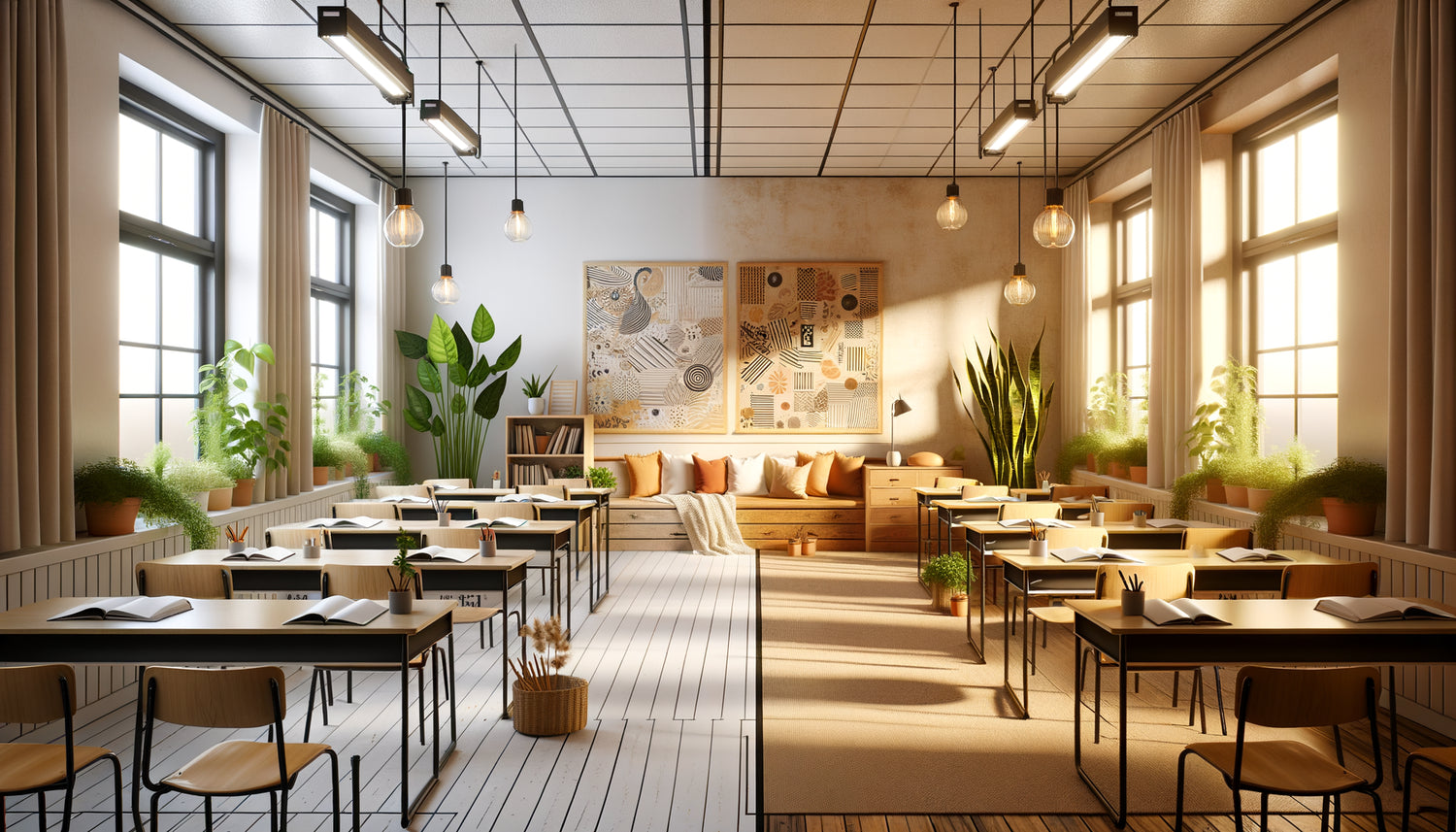 Transformation d'une salle de classe austère en espace inspirant avec plantes, lumière d'appoint et reproductions murales