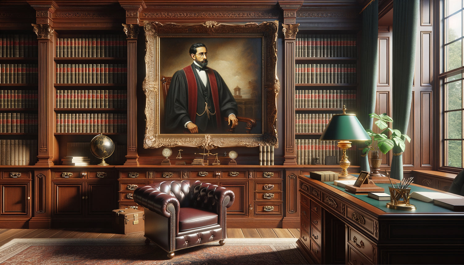 Cabinet d'avocat traditionnel avec portrait ancestral en peinture à l'huile dans cadre doré sur boiseries