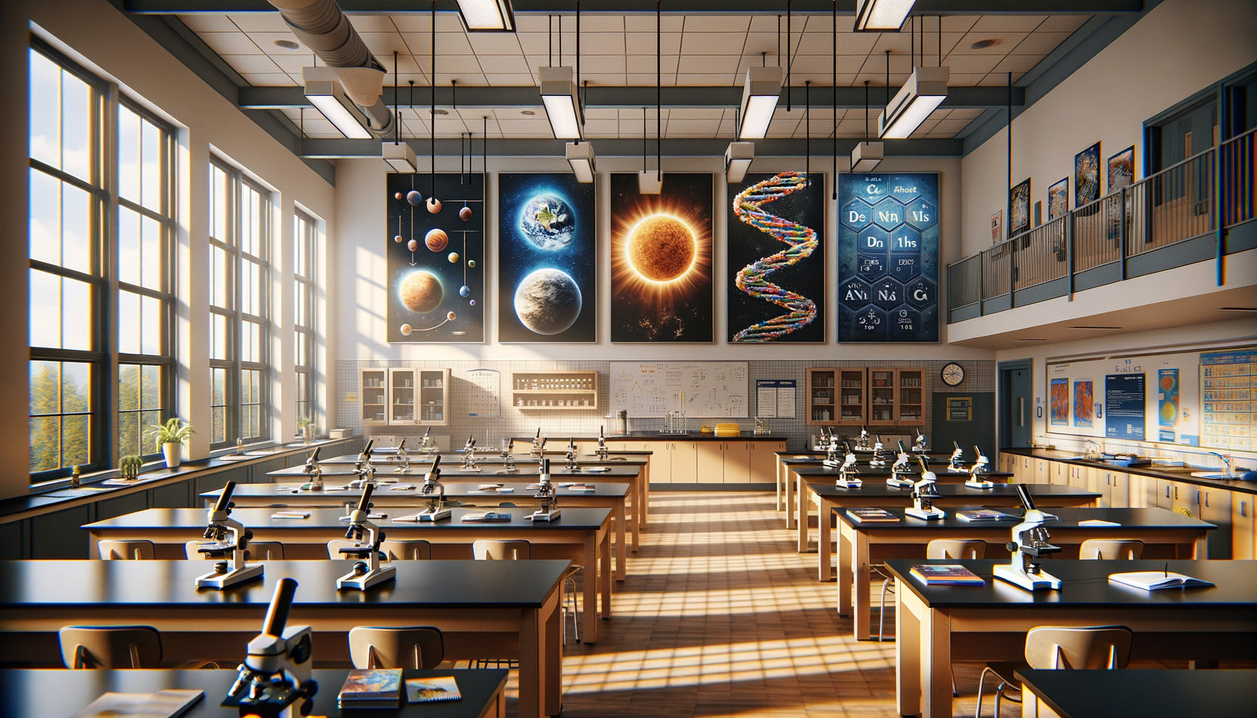 Triptyque éducatif scientifique format horizontal dans une classe de sciences moderne au collège