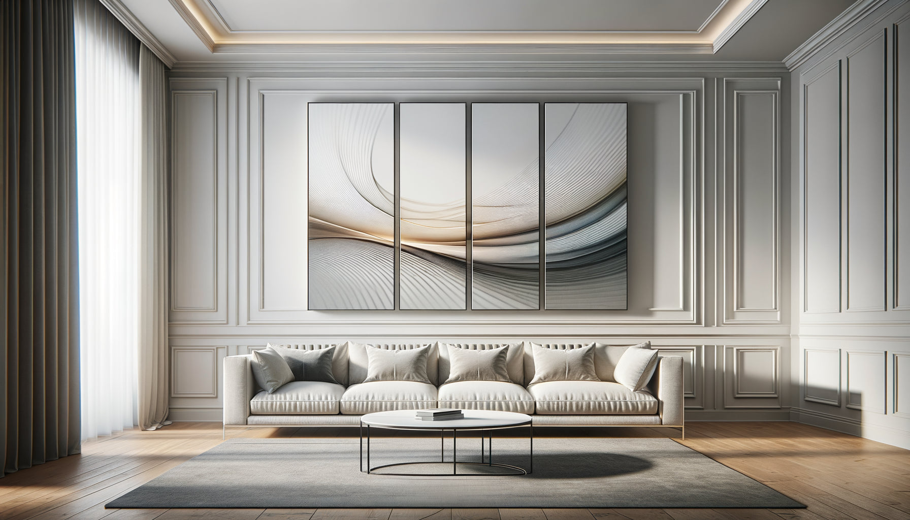 Grand mur de salon moderne avec triptyque horizontal parfaitement proportionné, trois panneaux coordonnés avec espacement harmonieux