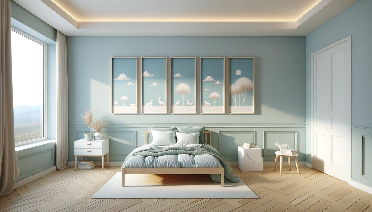 Triptyque horizontal en frise sur mur de chambre d'enfant avec espacement harmonieux entre trois cadres