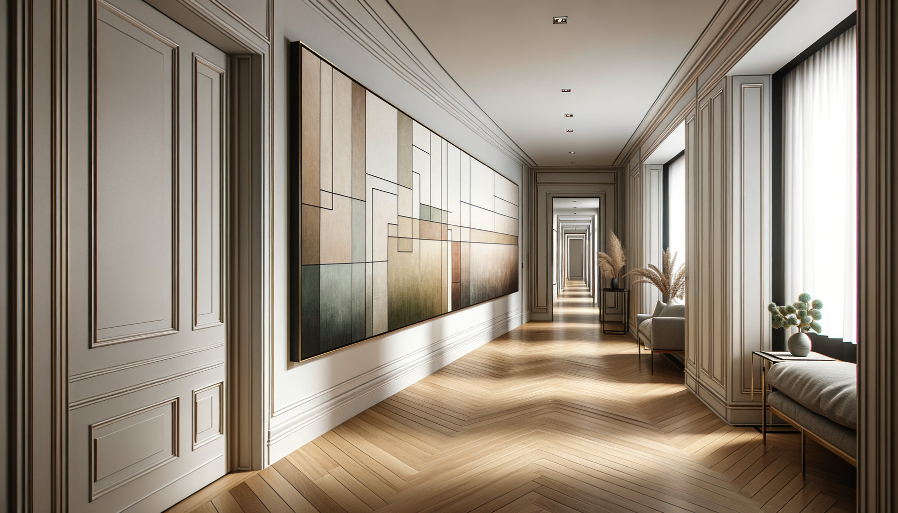 Couloir moderne élégant avec triptyque horizontal en trois panneaux créant un rythme visuel le long du mur