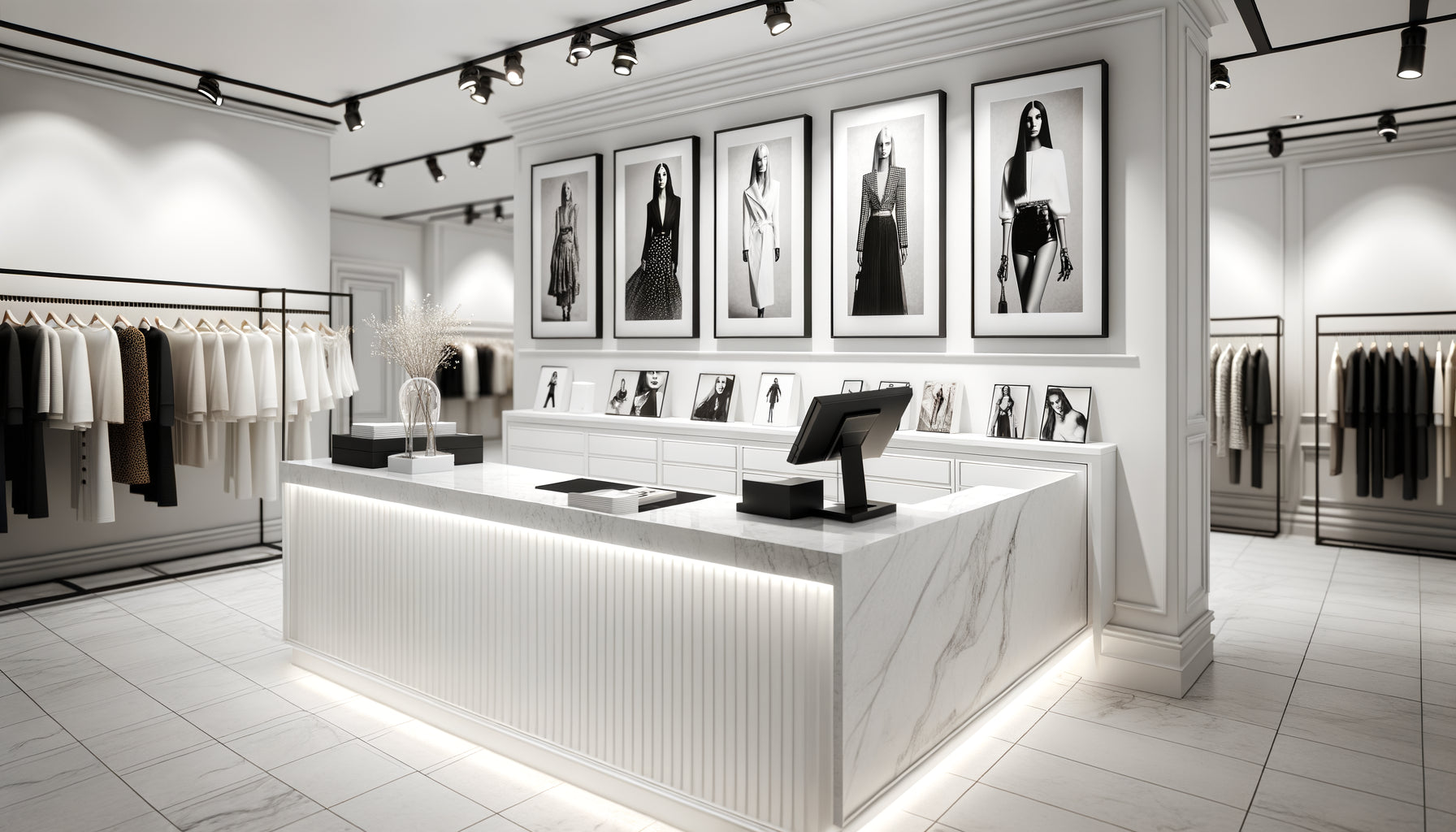 Triptyque mode en trois panneaux au-dessus d'un comptoir de caisse blanc dans une boutique contemporaine