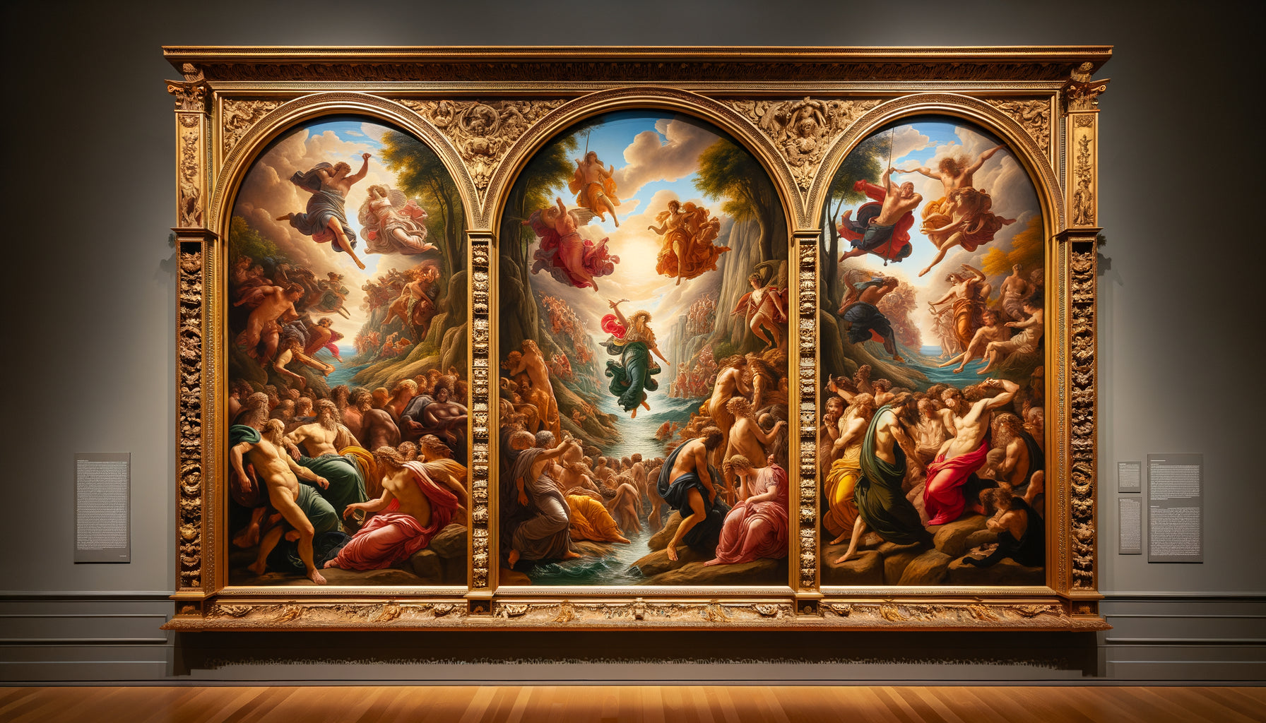 Triptyque mythologique classique avec espacement optimal de 7 cm entre les trois panneaux dorés