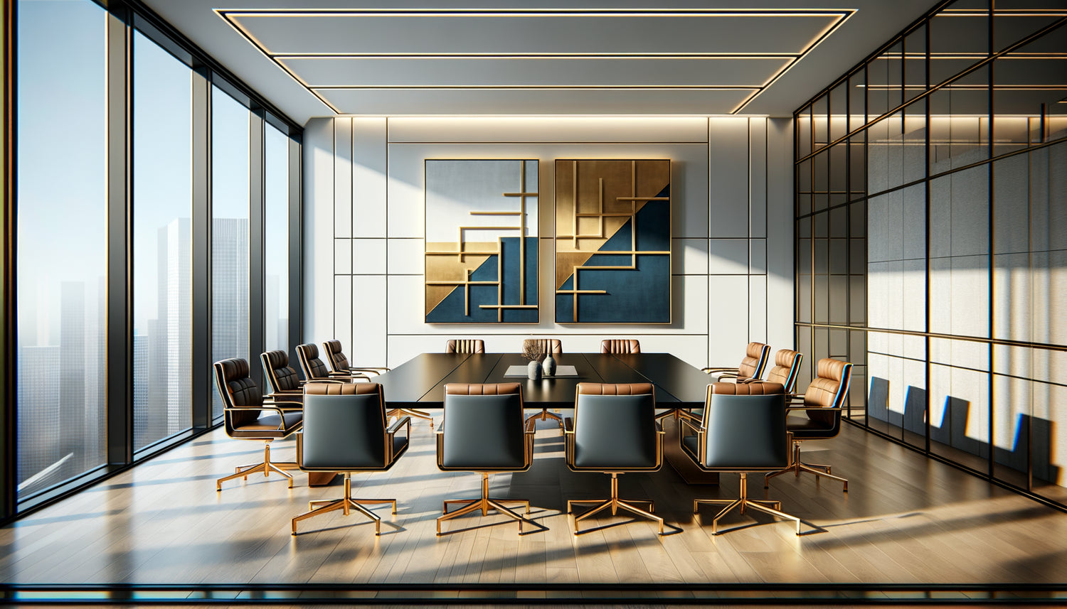 Salle de réunion professionnelle moderne avec triptyque contemporain structurant l'espace mural principal