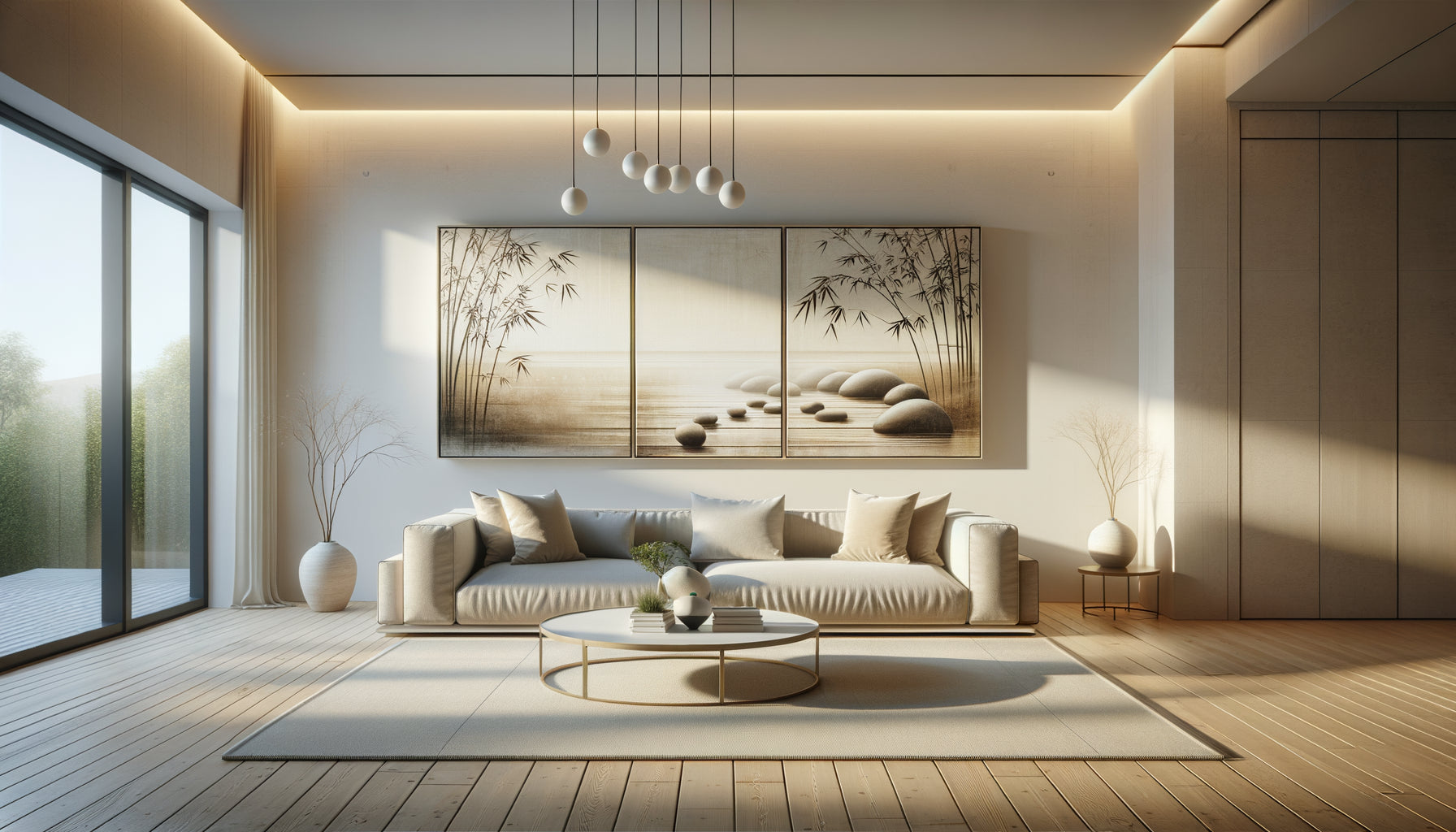 Triptyque zen de grande taille aux tons neutres dans intérieur minimaliste contemporain