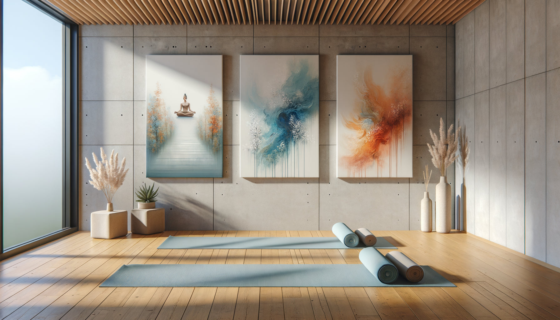 Trois tableaux distincts créant des ambiances différentes pour espaces de cours yoga et fitness