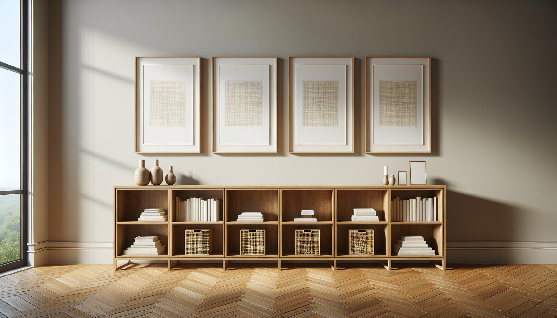 Trois tableaux moyens espacés harmonieusement au-dessus d'une bibliothèque longue, disposition équilibrée et symétrique, intérieur contemporain