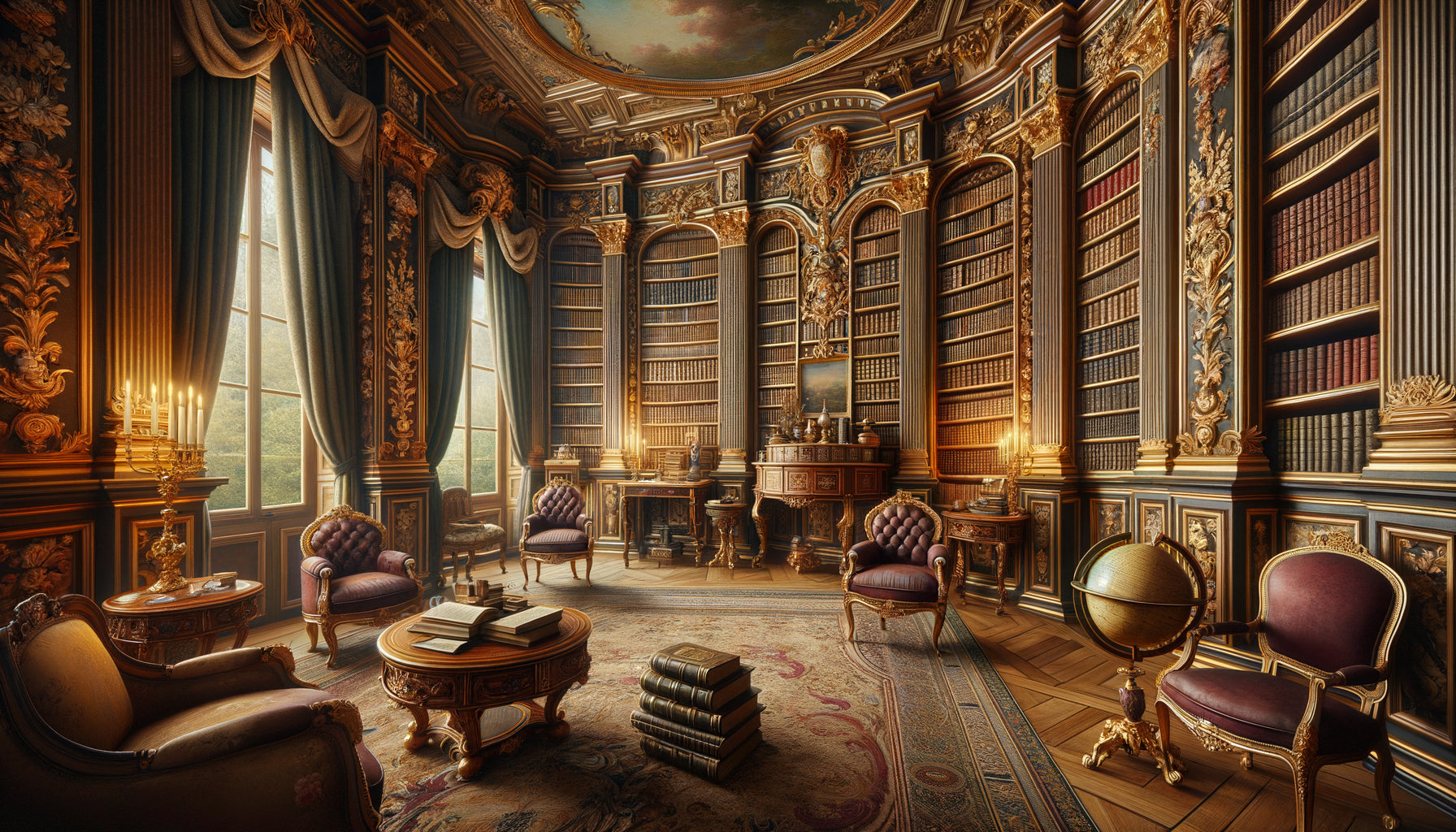 Bibliothèque privée du XVIIIe siècle avec trompe-l'œil de rayonnages de livres peints sur les murs, style rococo