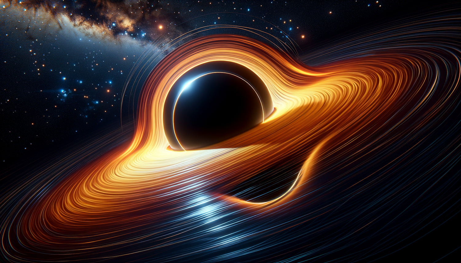 Représentation scientifique d'un trou noir massif avec disque d'accrétion lumineux orange déformé par l'effet de lentille gravitationnelle, inspirée du trou noir Gargantua du film Interstellar