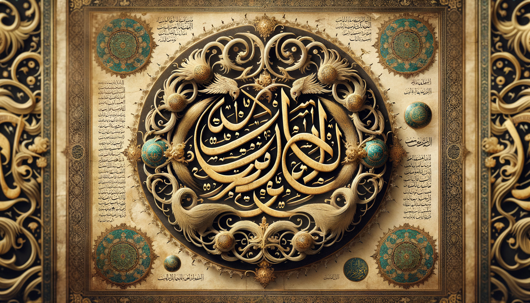 Tughra ottoman avec calligraphie arabe intégrant subtilement des formes de faucon, lion et dragon dans ses courbes dorées