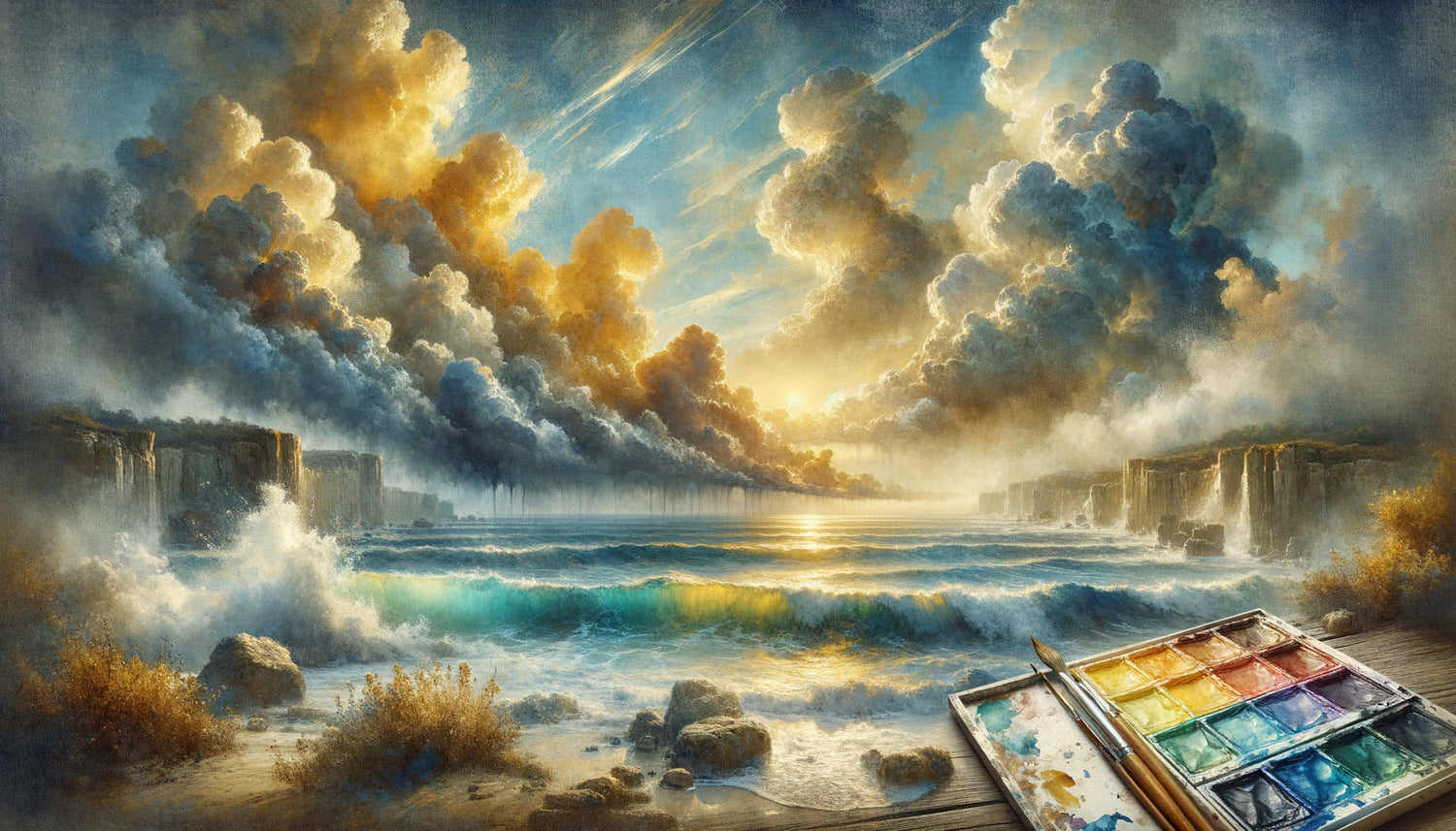 Technique de lavis à l'aquarelle de Turner, superpositions atmosphériques en cours, lumières célestes et tempête romantique britannique