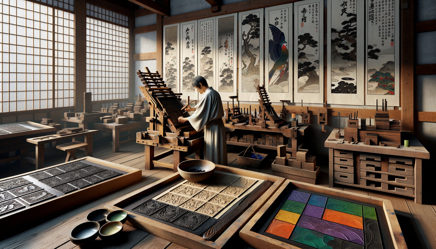 Atelier de gravure sur bois ukiyo-e période Edo, blocs gravés multiples et estampes monochromes versus polychromes