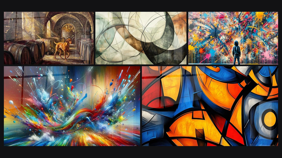 Mosaïque de cinq tableaux, dont Chien dans Cave aux Tonneaux de Vin, Les Liens Invisibles et Big Bang Artistique Éclatant