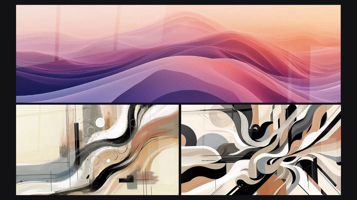 Mosaico di tre quadri: Flusso Setoso Malva, Scia Astratto e Vibrazioni Grafiche