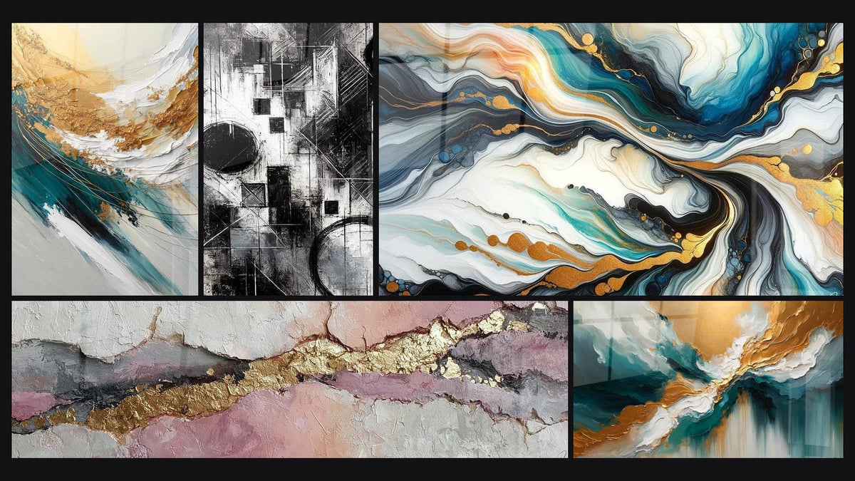Mosaico de cinco cuadros, entre ellos Crepúsculo de Elementos, Luz de las Profundidades y Fragmentos del Absoluto