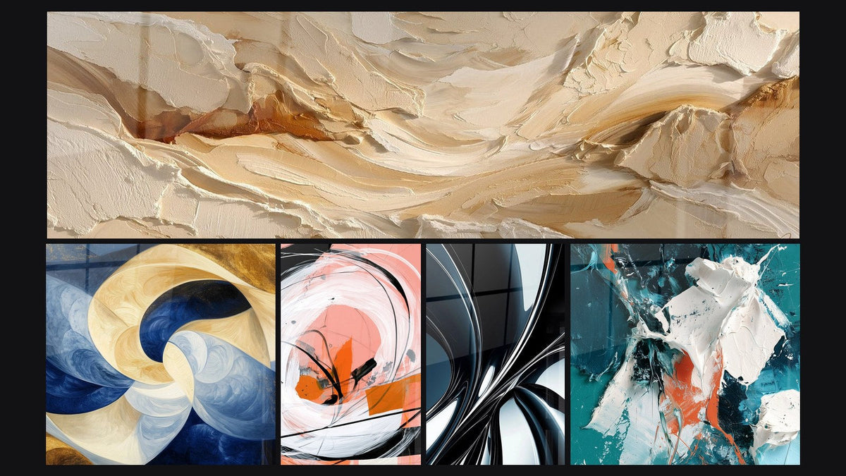 Mosaico de cinco cuadros, entre ellos Aliento Divino Blanco y Espiral Blanca y Coral con Rayas Negras