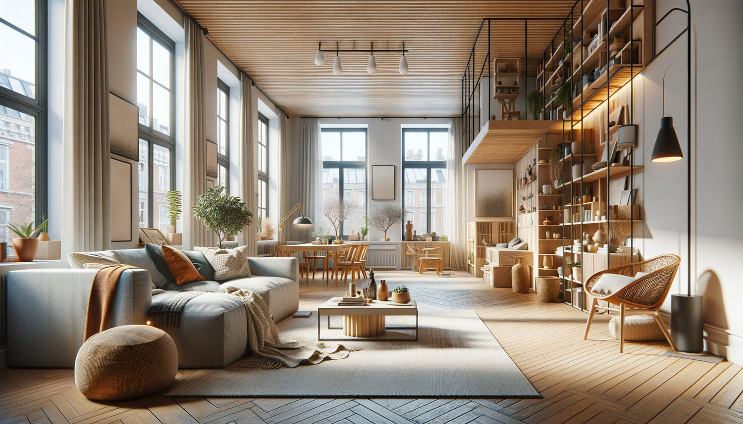 Intérieur d'appartement minimaliste et authentique illustrant la tendance Underconsumption Core avec des meubles durables de seconde main et une décoration sobre anti-gaspillage, baigné de lumière naturelle