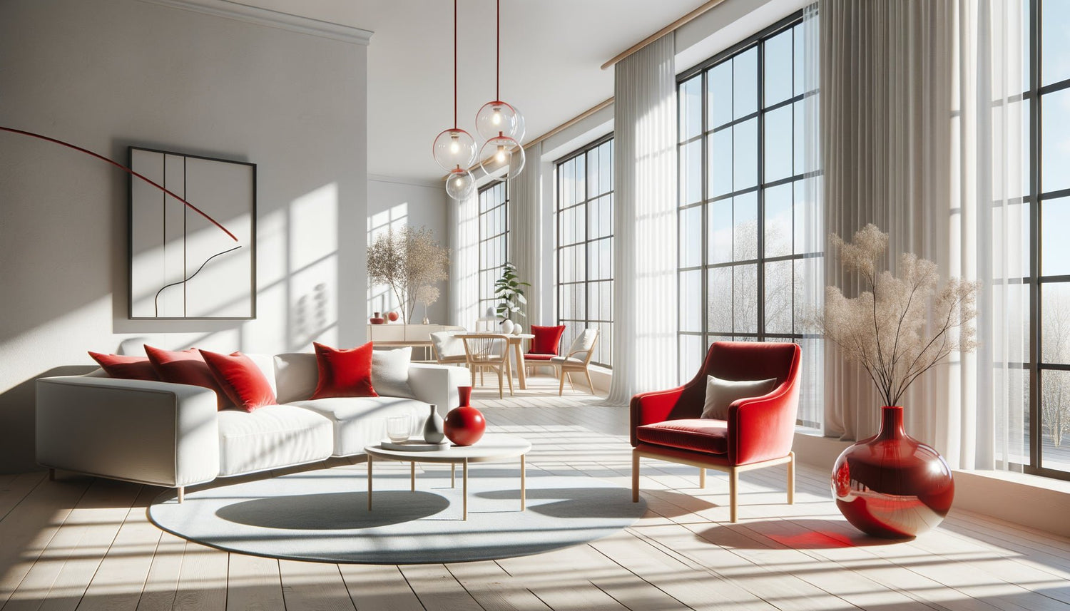 Intérieur moderne minimaliste aux tons neutres sublimé par une touche de rouge inattendue, illustrant la tendance déco Unexpected Red Theory popularisée sur TikTok