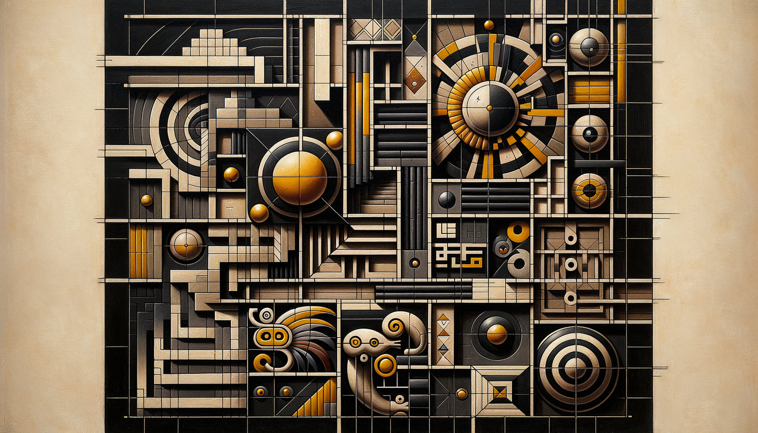 Composition Universalismo Constructivo de Torres García années 1930, grille noire structurant symboles précolombiens, ratio 30-70 noir-couleur