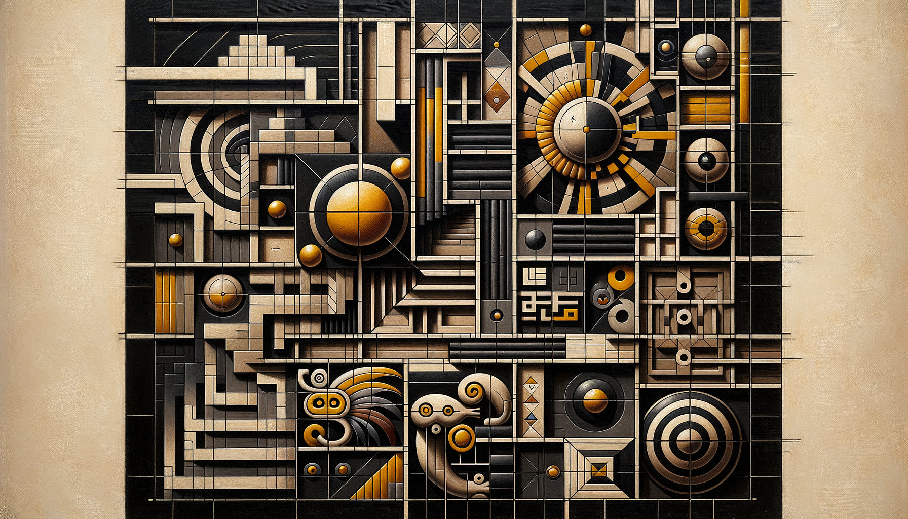 Composition Universalismo Constructivo de Torres García années 1930, grille noire structurant symboles précolombiens, ratio 30-70 noir-couleur