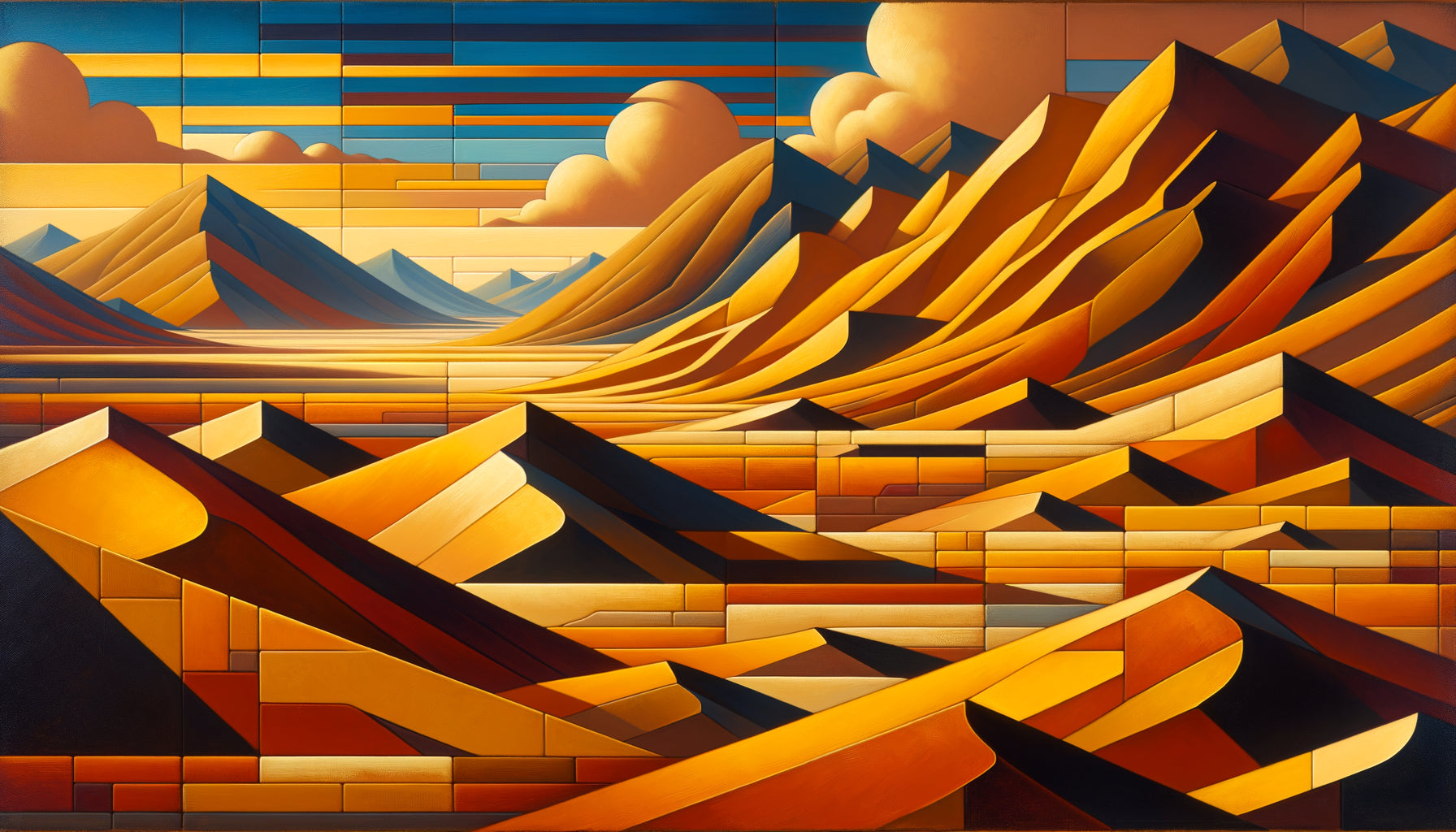 Peinture abstraite d'Ural Tansykbayev, formes stylisées de paysage ouzbek, tons ocre et bleu, abstraction territoriale