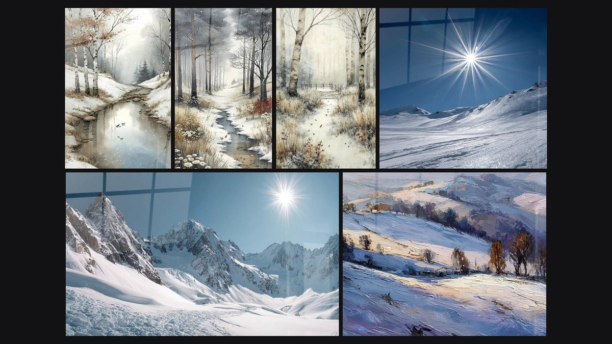 Mosaico di sei quadri, tra cui Paesaggio betulle ocra delicato, Tavoloforesta Aube Glaciale e Betulle Passaggio Sacro